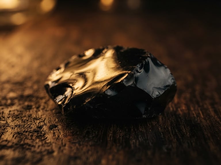 Macro shot of polished black obsidian stone reflecting warm golden light, dark walnut wood texture in the background, sharp focus, low-key lighting