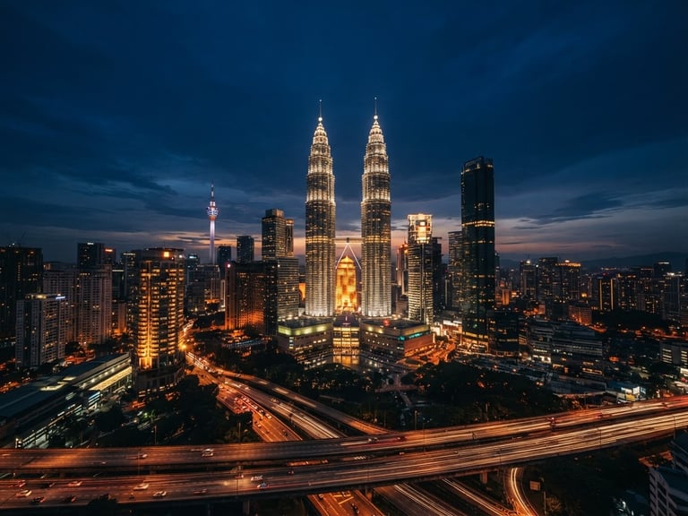 Dramatic wide-angle twilight shot of Kuala Lumpur financial district skyline, warm golden lights reflecting off steel skyscrapers, deep navy sky, cinematic negative space.