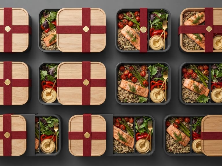 Clean studio food photography of neatly arranged corporate lunchboxes on a solid dark grey background, rich red accents, overhead crisp lighting, editorial style