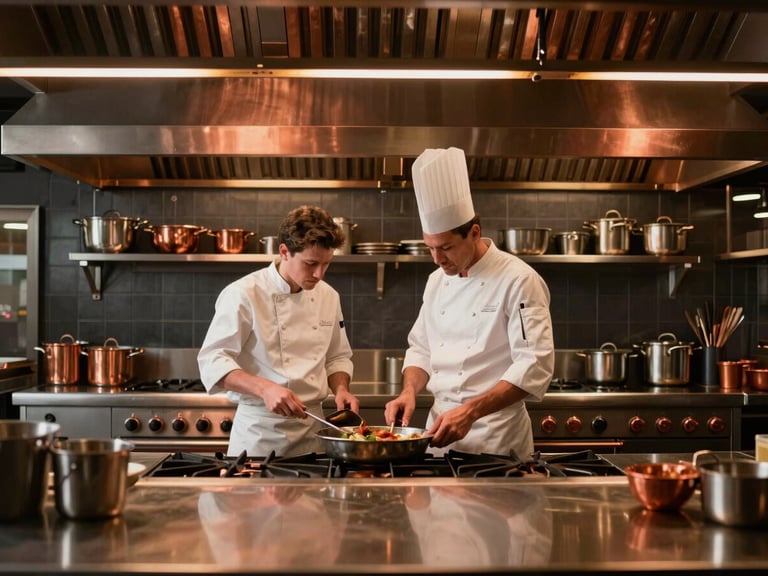 Wide shot of a collaborative commercial kitchen, two chefs working together, warm kitchen glow, structured grid layout.