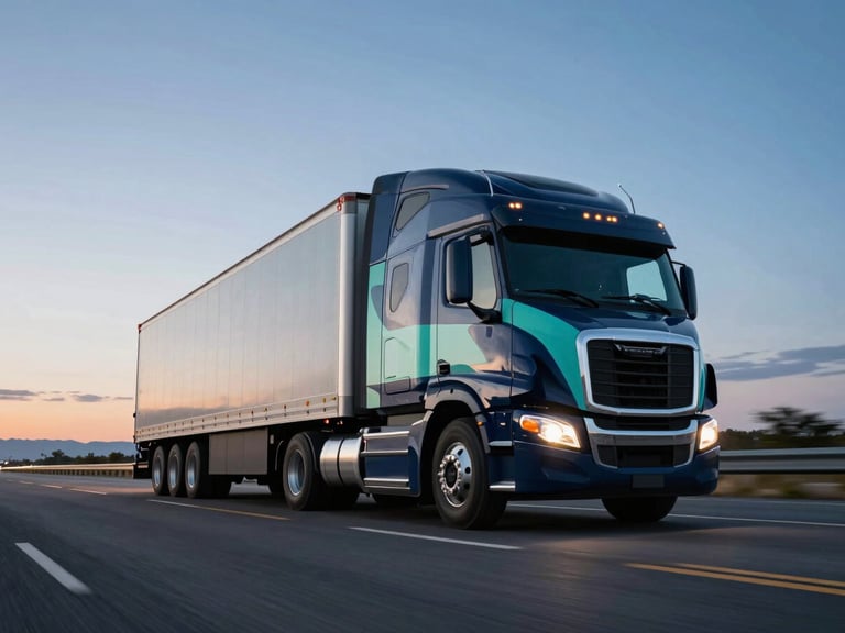 Low-angle heroic shot of a modern aerodynamic semi-truck driving on a clean American highway during cinematic twilight, light trails visible.