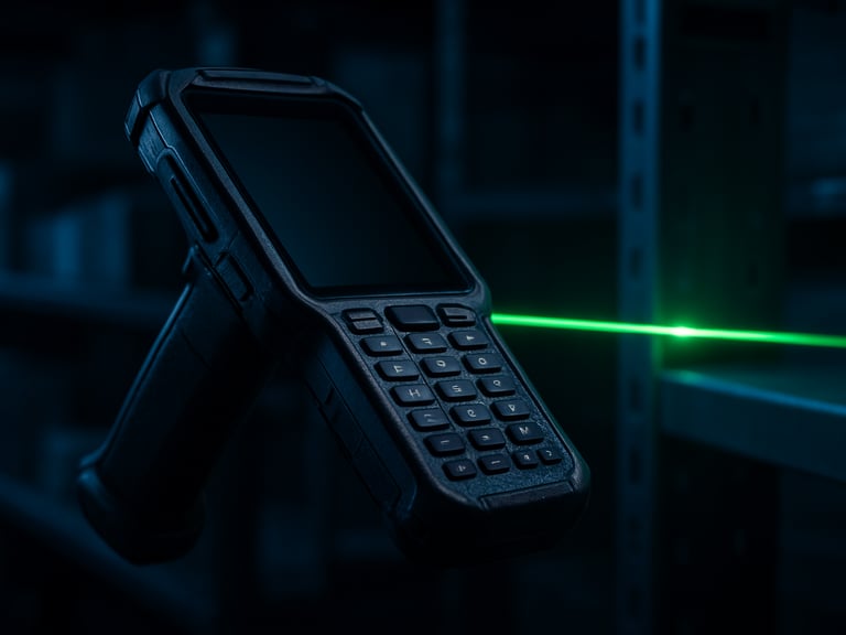 Macro shot of a rugged Android barcode scanner in a dimly lit warehouse, green laser beam reflecting off a shelf, cool blue ambient light