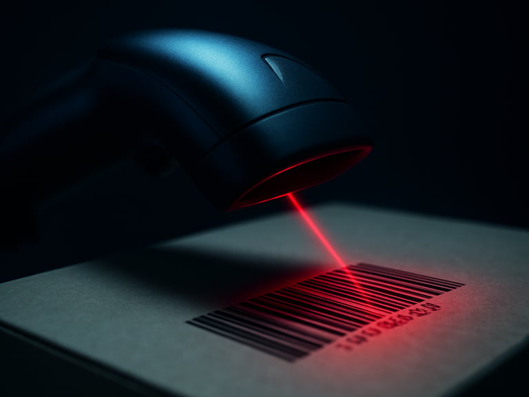 Macro photograph of a physical barcode scanner emitting a sharp red laser beam onto a package, high-contrast low-key lighting, cool blue ambient tones, 50mm