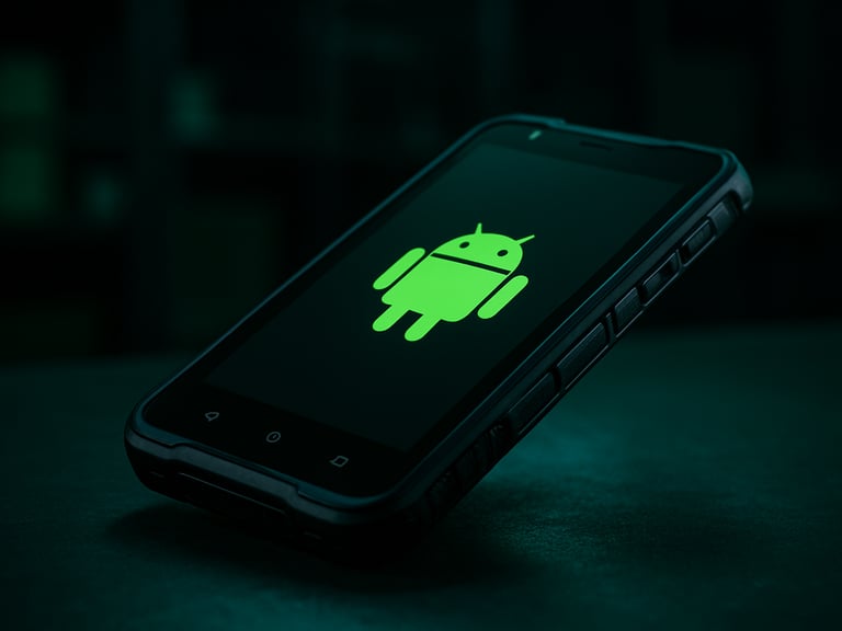 Sleek technical macro photography of a rugged Android handheld device on a dark warehouse counter, cool green ambient terminal glow, sharp focus, 50mm