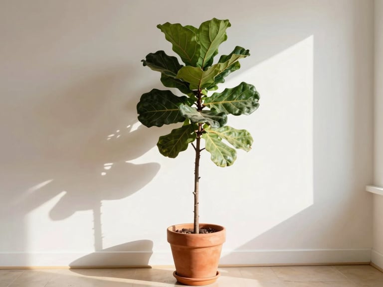 A styled modern Indian living room with a tall faux fiddle leaf fig in a terracotta pot, soft morning sunlight casting gentle shadows, editorial 35mm photography