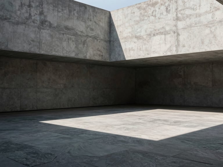 Minimalist architectural concrete courtyard with harsh geometric shadows cast by midday sun, raw slate textures, empty space, sober and silent atmosphere.