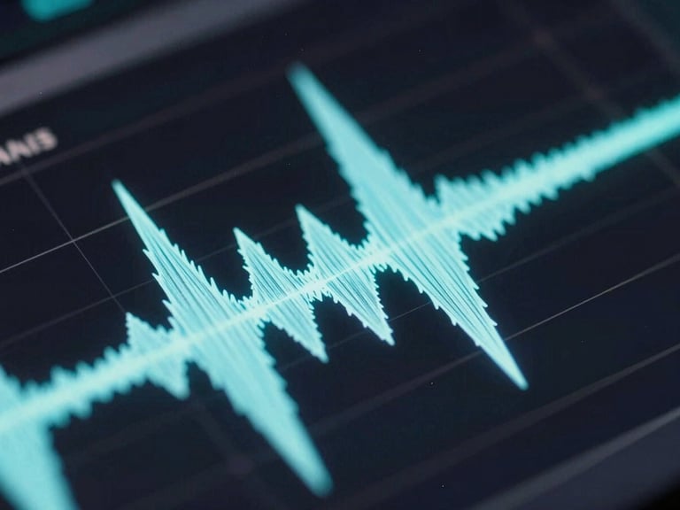 Extreme close-up macro of audio waveforms on a dark DAW interface, sharp peaks and valleys glowing faint cyan-white against near-black background, no text legible, ultra-precise detail of the waveform geometry