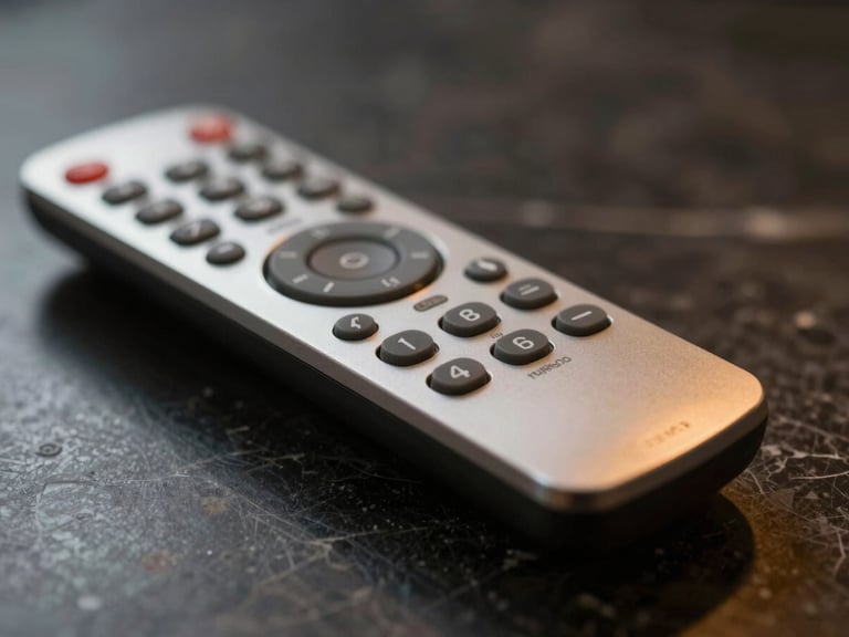 Macro close-up of a sleek premium remote control resting on a dark marble table, soft golden ambient light reflecting off its metallic edges, cinematic shallow depth of field.
