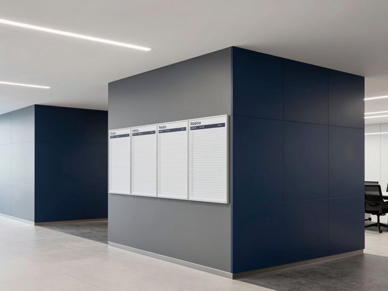 A bright, modern corporate workspace with structured planners and clean architectural lines, neutral daylight, deep navy and slate gray accents