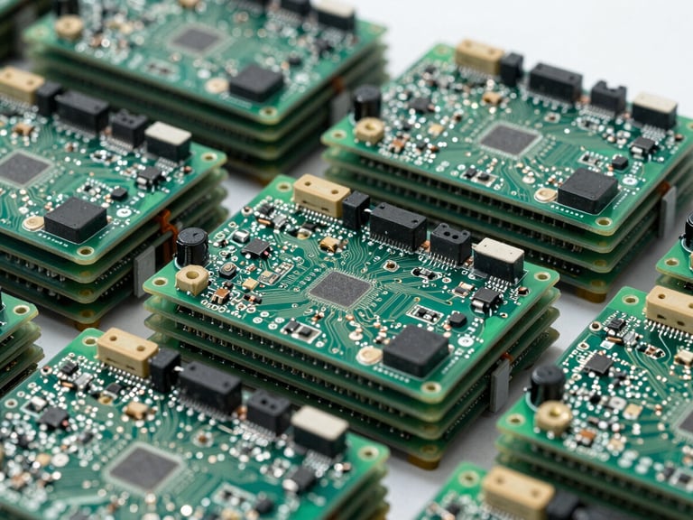 Close-up of neatly stacked circuit boards and electronic components, vibrant green accents, industrial editorial photography, bright overcast daylight, sharp focus, 35mm