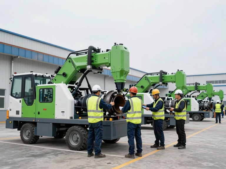 Wide shot of a professional crew in safety gear dismantling heavy machinery in a clean industrial factory, bright overcast daylight, sharp focus, 35mm, corporate-industrial style