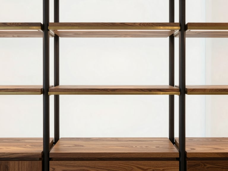 Minimalist retail display shelving unit with subtle gold brass accents, charcoal metal uprights, showcasing premium products under soft diffused daylight
