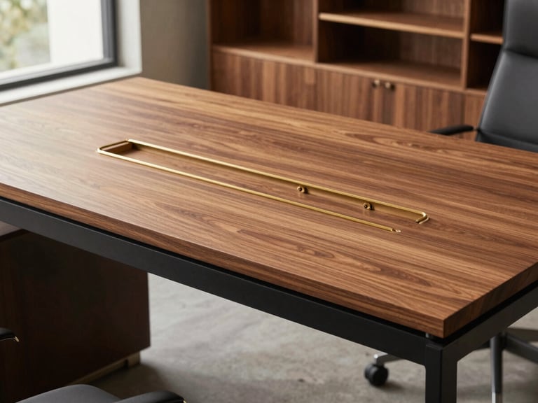 Bespoke executive office desk with integrated brass wire-management channels, warm oak timber grain top, matte black metal legs, architectural straight-on view