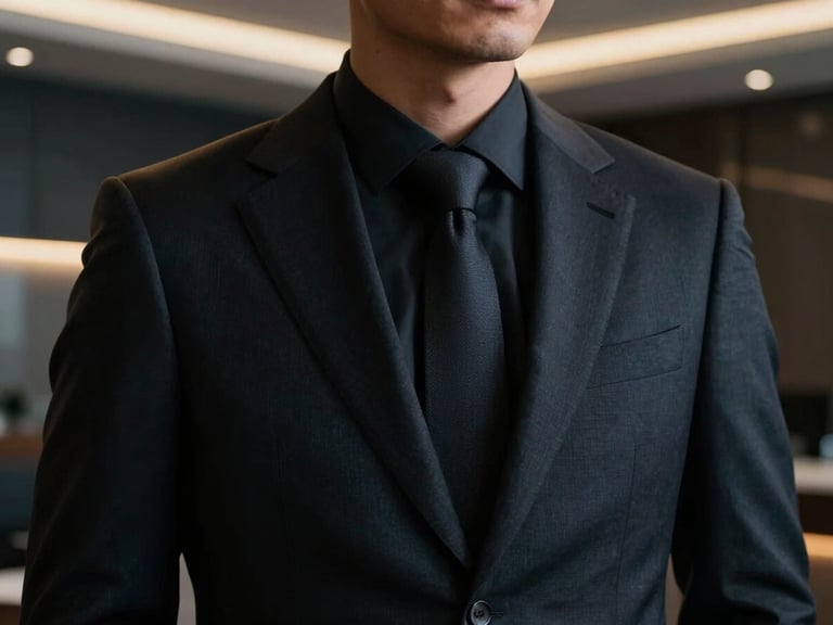 Cinematic medium close-up of a sharp professional man in a tailored dark suit, soft gold rim light, modern high-end office background, 35mm