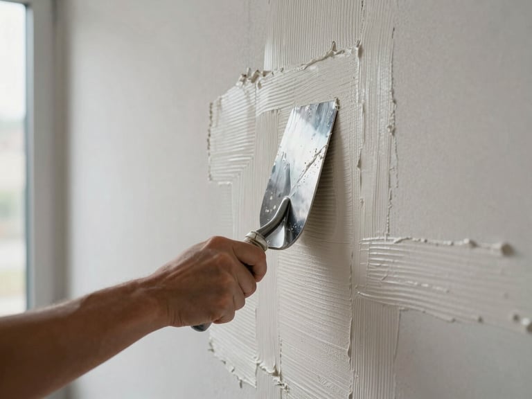 Close-up of hands applying plaster to a large commercial wall surface with a steel trowel, natural side-light from a window to the left illuminating the wet plaster as it spreads across the plane, the material texture visible in fine detail, no background distractions