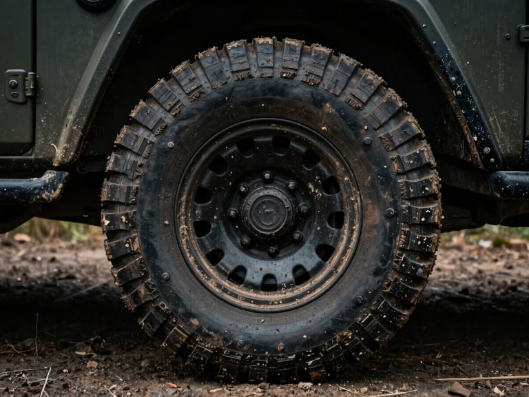 Close-up of a rugged off-road tire covered in thick mud, mounted on a dark tactical vehicle, low-key dramatic lighting, high-contrast gritty texture.