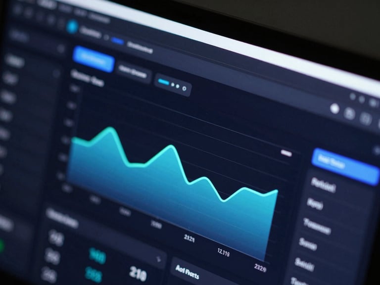 Sleek close-up of a dark mode dashboard showing web traffic growth, vibrant blue and neon mint glows on screen, high contrast studio lighting, shallow depth of field.