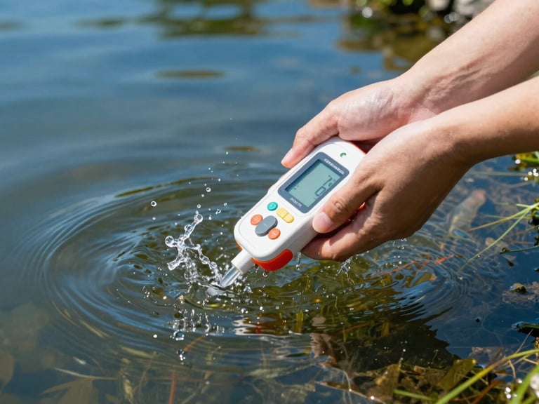 Close-up shot of hands holding a digital water testing meter dipping into a freshwater fish pond, splash of water, sharp focus.