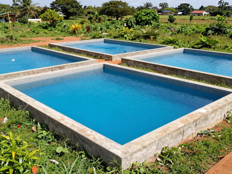 Wide-angle environmental shot of newly constructed concrete fish ponds in Ghana, clean blue water, surrounding green vegetation under bright daylight.