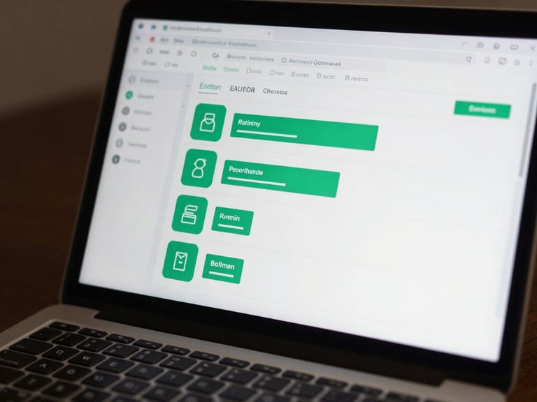 Macro shot of a clean administrative software interface on a laptop screen, showing emerald green status badges and clear financial metrics