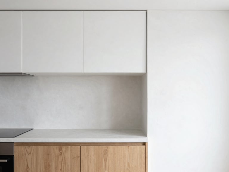 Architectural interior photography, bright natural daylight, clean white plaster textures, a minimalist kitchen with oak wood meeting microcement, sharp details, 35mm