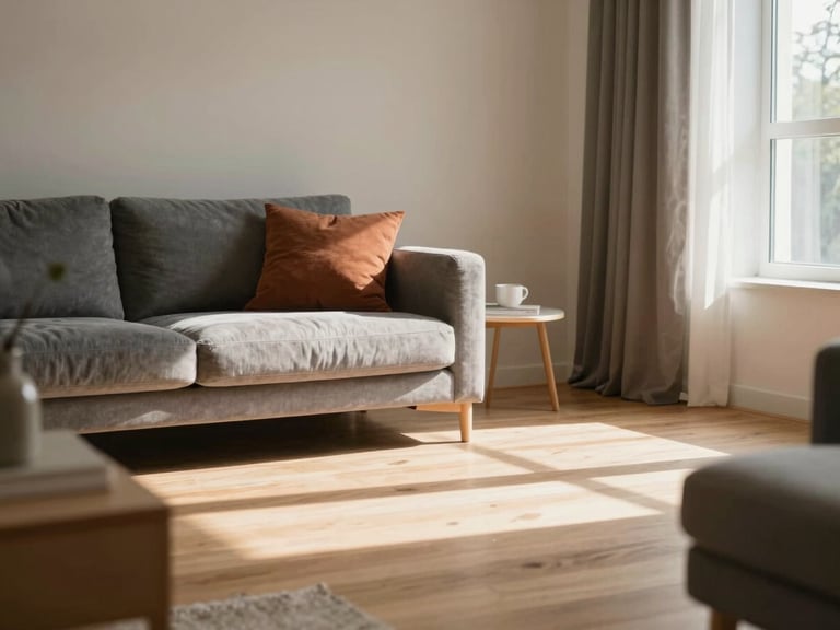 A bright modern living room flooded with natural light, warm oak floors, soft late-afternoon sun casting long shadows, cozy and lived-in feel