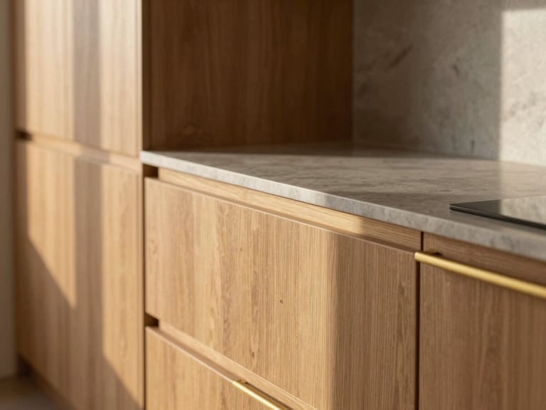 Close-up of modern architectural details, warm oak cabinetry, brushed brass fixtures, soft morning light illuminating a clean kitchen counter