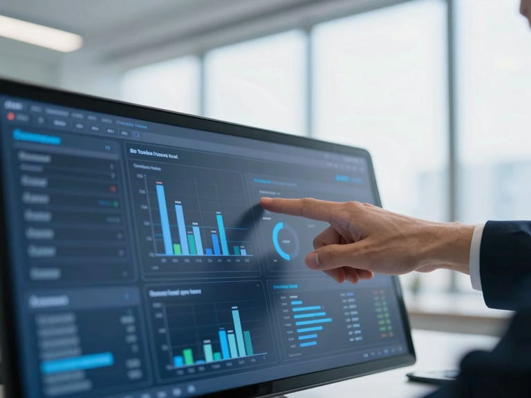 Close-up of hands analyzing a digital dashboard with charts and data, bright natural office daylight, cool blue tones, sharp focus, architectural framing, 35mm