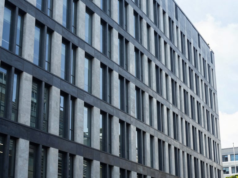 Architectural lines of a modern, clean corporate office building, bright natural daylight, cool tones, sharp focus, 35mm