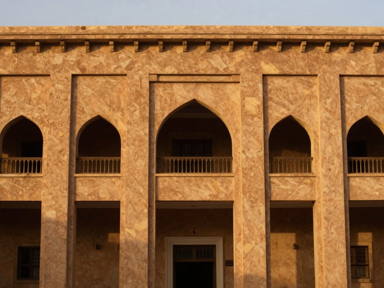 Architectural detail of a historic building in Lasanod, golden hour light, rich earth tones, sense of permanence and potential.