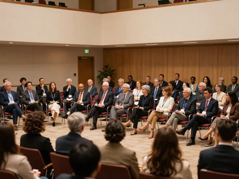 Wide shot of a panel debate in a modern conference hall, diverse speakers, engaged audience, warm diffused light, dignified civic atmosphere.