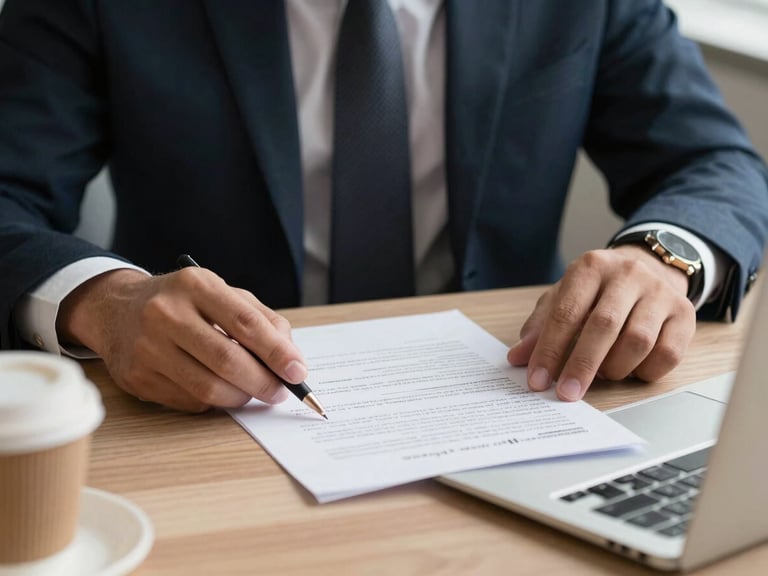 Agent seated at a desk reviewing a lease document, close-up of hands and paper under clean studio light, a coffee cup and laptop partially visible at the frame edge, no faces shown