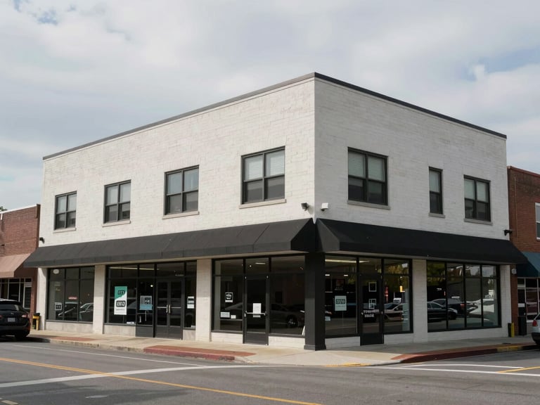 Exterior of a mid-rise commercial building on a Long Island main street, wide environmental frame, storefronts at street level visible, overcast daylight, no people, shot from across the street at slight angle