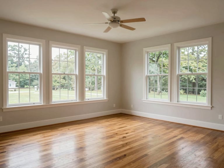 Interior of a well-kept single-family living room in Long Island, wide environmental frame showing hardwood floors and tall windows, natural daylight from the left, no people, clean and uncluttered