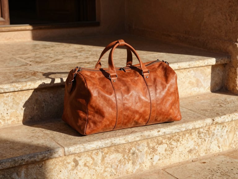 A large terracotta leather duffel bag resting on a sun-bleached stone step in a quiet riad, harsh golden-hour shadows, 35mm editorial.