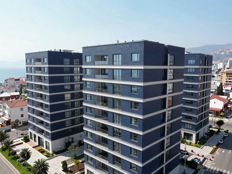 High-angle drone shot of modern residential buildings in Antalya Muratpaşa, bright Mediterranean daylight, clean corporate blue tones, 35mm lens