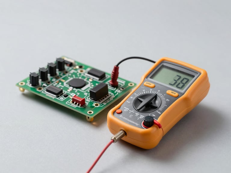 Wide panoramic shot, tight macro focus on a digital multimeter testing a modern appliance control board, clean slate-gray background, crisp lighting.