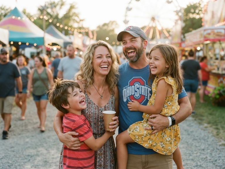 Warm candid photography of an Ohio family laughing together at a sunny outdoor community fair, vibrant friendly tones, shallow depth of field, 35mm