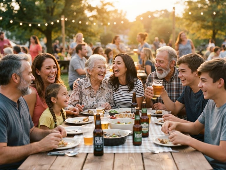 A warm candid photo of multi-generational Ohio families laughing together at an outdoor community table, bright natural golden-hour light