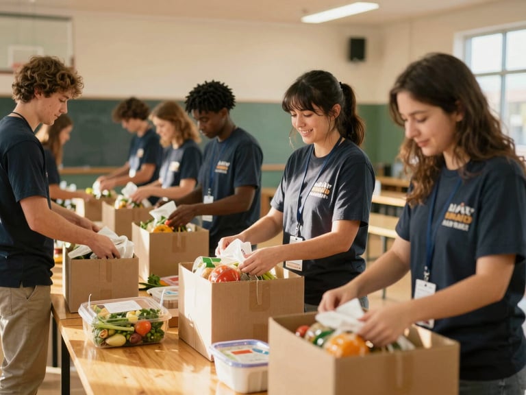 Candid shot of local volunteers packing fresh food boxes inside a bright school gymnasium, warm daylight, 35mm