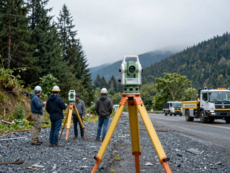 Surveyors with total station equipment on a sloped, forested site in Roseburg, Oregon, under overcast Pacific Northwest daylight. The image shows the team working with precision, with branded engineering vehicles in the background. Cool slate and forest green tones.