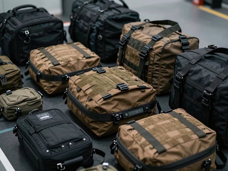 Close-up knolling shot of organized tactical medical gear on a dark surface, overcast daylight, desaturated cool tones with amber accents, sharp focus, 35mm