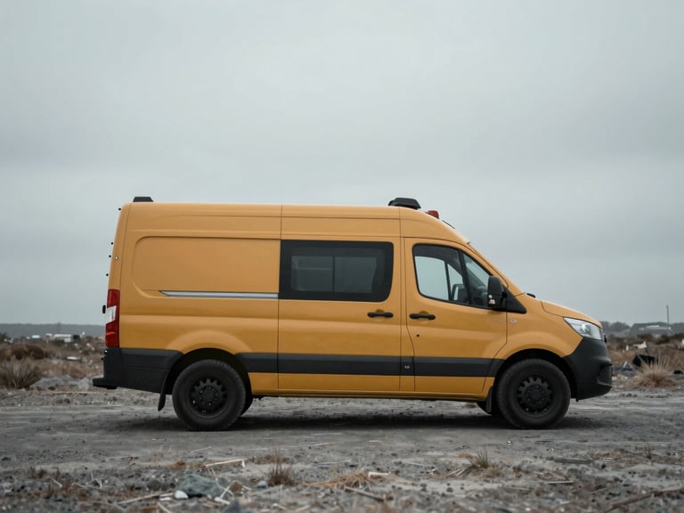 Wide environmental shot of a specialized response vehicle parked in a remote, overcast landscape, desaturated cool tones with amber accents, sharp focus, 35mm