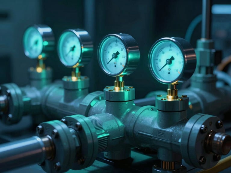 Macro close-up of a complex hydraulic manifold with heavy-duty PVC valves and glowing flow meters, illuminated by sharp neon teal light in a dark technical room.