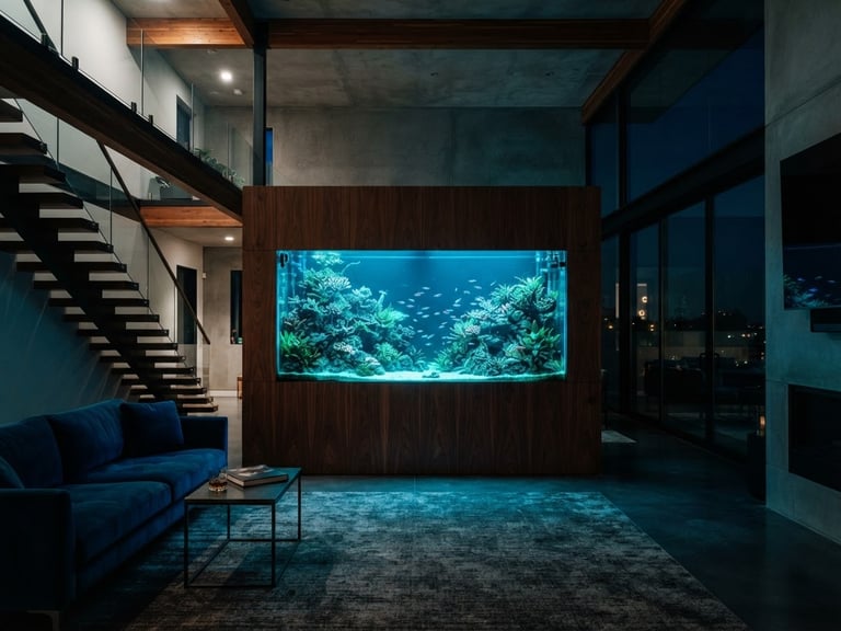 Dramatic wide-angle shot of a luxury residential interior featuring a massive, pristine aquascaped wall installation, bioluminescent teal lighting, clean architectural lines, 35mm photography.
