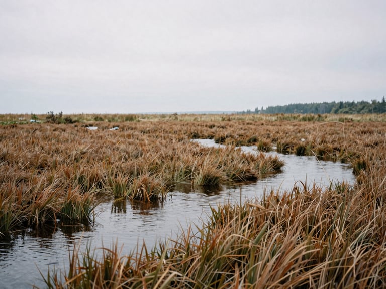 Close-up of wetland sedges and slow-moving water in natural overcast daylight, Great Lakes region, crisp documentary style.