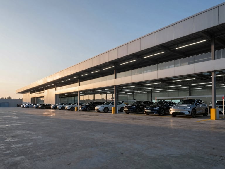 Extreme wide-angle architectural shot of an advanced automotive logistics hub under cool early-morning northern light, geometric shadows