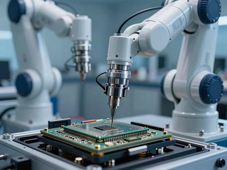 Ultra-tight macro detail of a high-precision automotive cleanroom robot arm assembling microchips, cool diffused northern light, slate blue shadows