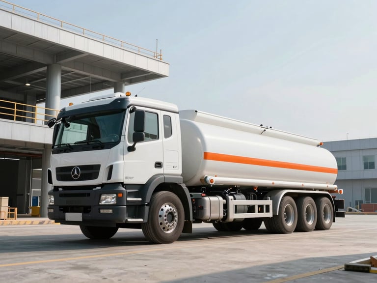 Low-angle heroic shot of a clean white fuel tanker truck parked at a modern construction site during crisp morning daylight, high-contrast steel and safety orange tones, 35mm lens