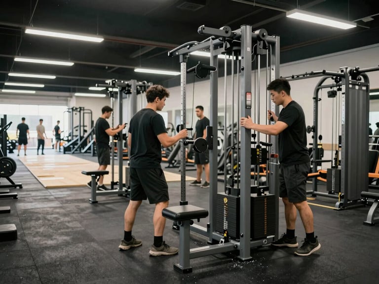 Wide-angle view of technicians positioning commercial gym equipment during installation, rubber flooring being laid in the background, overhead lighting in a large facility space, hands-on operational work visible
